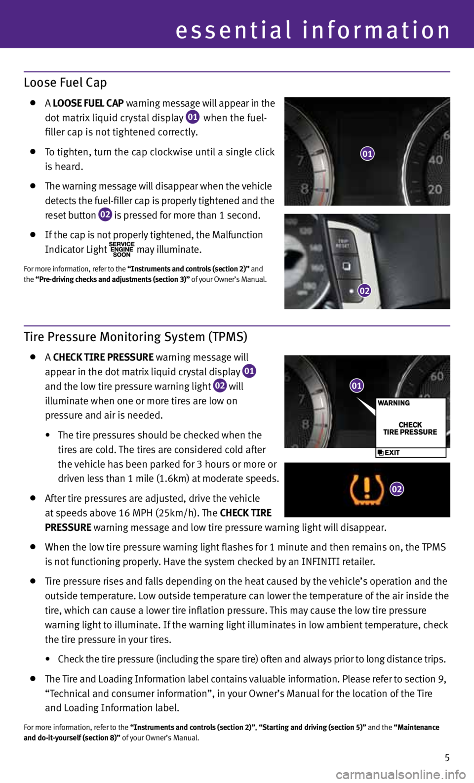 INFINITI M 2013  Quick Reference Guide 5
Loose Fuel Cap
  A LOOSE FUEL CAP warning message will appear in the  
    dot matrix liquid crystal display
 
01   when the fuel- 
    filler cap is not tightened correctly.
 
  to tighten, turn th