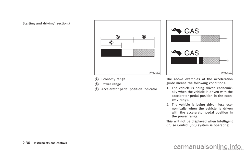 INFINITI M HYBRID 2013 Owners Manual 2-30Instruments and controls
Starting and driving”section.)
JVI0258X
*A: Economy range
*B: Power range
*C: Accelerator pedal position indicator
JVI0259X
The above examples of the acceleration
guide INFINITI M HYBRID 2013 Owners Manual 2-30Instruments and controls
Starting and driving”section.)
JVI0258X
*A: Economy range
*B: Power range
*C: Accelerator pedal position indicator
JVI0259X
The above examples of the acceleration
guide
