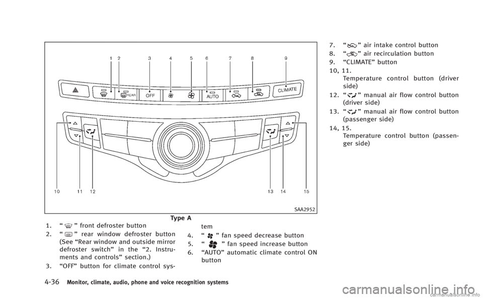 INFINITI M HYBRID 2013  Owners Manual 4-36Monitor, climate, audio, phone and voice recognition systems
SAA2952
Type A
1. “”front defroster button
2. “
”rear window defroster button
(See “Rear window and outside mirror
defroster 