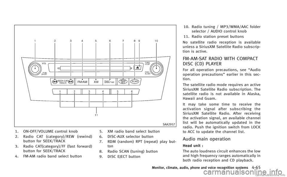 INFINITI M HYBRID 2013 User Guide SAA2957
1. ON·OFF/VOLUME control knob
2. Radio CAT (category)/REW (rewind)button for SEEK/TRACK
3. Radio CAT(category)/FF (fast forward) button for SEEK/TRACK
4. FM·AM radio band select button 5. XM INFINITI M HYBRID 2013 User Guide SAA2957
1. ON·OFF/VOLUME control knob
2. Radio CAT (category)/REW (rewind)button for SEEK/TRACK
3. Radio CAT(category)/FF (fast forward) button for SEEK/TRACK
4. FM·AM radio band select button 5. XM