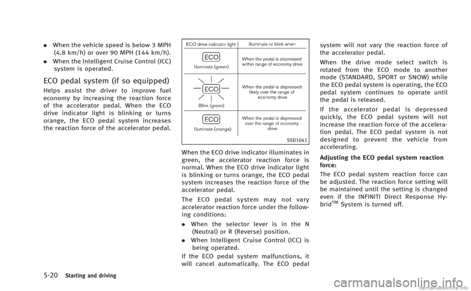 INFINITI M HYBRID 2013  Owners Manual 5-20Starting and driving
.When the vehicle speed is below 3 MPH
(4.8 km/h) or over 90 MPH (144 km/h).
. When the Intelligent Cruise Control (ICC)
system is operated.
ECO pedal system (if so equipped)
