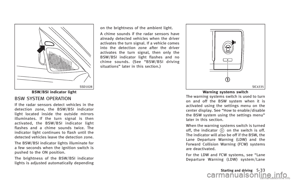 INFINITI M HYBRID 2013 Owners Guide SSD1028
BSW/BSI indicator light
BSW SYSTEM OPERATION
If the radar sensors detect vehicles in the
detection zone, the BSW/BSI indicator
light located inside the outside mirrors
illuminates. If the turn INFINITI M HYBRID 2013 Owners Guide SSD1028
BSW/BSI indicator light
BSW SYSTEM OPERATION
If the radar sensors detect vehicles in the
detection zone, the BSW/BSI indicator
light located inside the outside mirrors
illuminates. If the turn