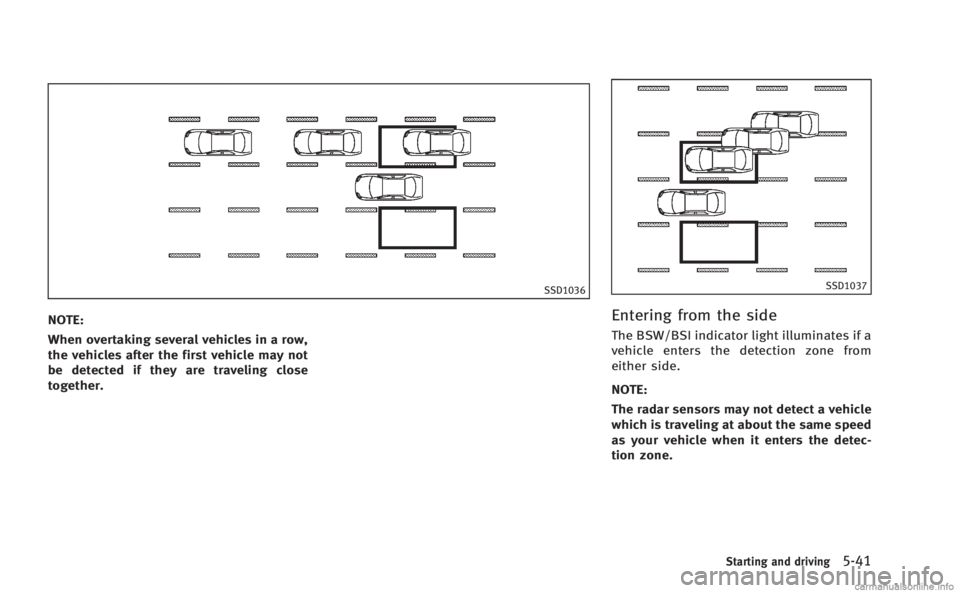 INFINITI M HYBRID 2013 Owners Guide SSD1036
NOTE:
When overtaking several vehicles in a row,
the vehicles after the first vehicle may not
be detected if they are traveling close
together.
SSD1037
Entering from the side
The BSW/BSI indic INFINITI M HYBRID 2013 Owners Guide SSD1036
NOTE:
When overtaking several vehicles in a row,
the vehicles after the first vehicle may not
be detected if they are traveling close
together.
SSD1037
Entering from the side
The BSW/BSI indic