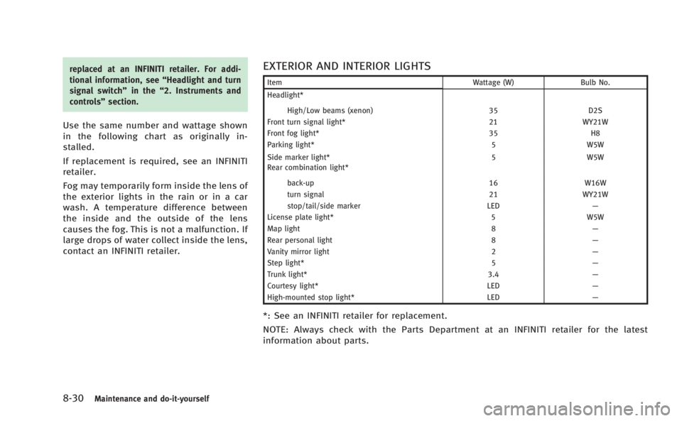 INFINITI M HYBRID 2013  Owners Manual 8-30Maintenance and do-it-yourself
replaced at an INFINITI retailer. For addi-
tional information, see“Headlight and turn
signal switch” in the“2. Instruments and
controls” section.
Use the sa