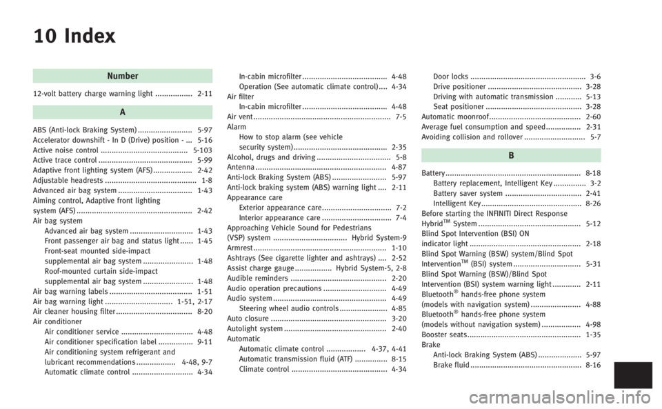 INFINITI M HYBRID 2013 Owners Manual 10 Index
Number
12-volt battery charge warning light ................. 2-11
A
ABS (Anti-lock Braking System) ......................... 5-97
Accelerator downshift - In D (Drive) position - ... 5-16
Act INFINITI M HYBRID 2013 Owners Manual 10 Index
Number
12-volt battery charge warning light ................. 2-11
A
ABS (Anti-lock Braking System) ......................... 5-97
Accelerator downshift - In D (Drive) position - ... 5-16
Act