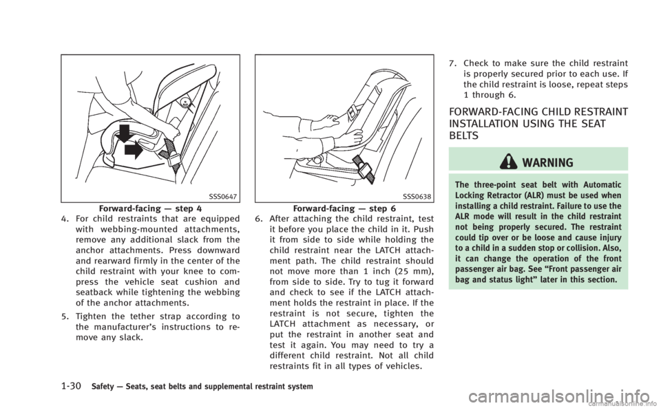 INFINITI M HYBRID 2013 Repair Manual 1-30Safety—Seats, seat belts and supplemental restraint system
SSS0647
Forward-facing —step 4
4. For child restraints that are equipped
with webbing-mounted attachments,
remove any additional slac INFINITI M HYBRID 2013 Repair Manual 1-30Safety—Seats, seat belts and supplemental restraint system
SSS0647
Forward-facing —step 4
4. For child restraints that are equipped
with webbing-mounted attachments,
remove any additional slac