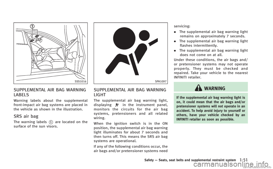 INFINITI M HYBRID 2013 Manual Online SSS1016
SUPPLEMENTAL AIR BAG WARNING
LABELS
Warning labels about the supplemental
front-impact air bag systems are placed in
the vehicle as shown in the illustration.
SRS air bag
The warning labels*1a