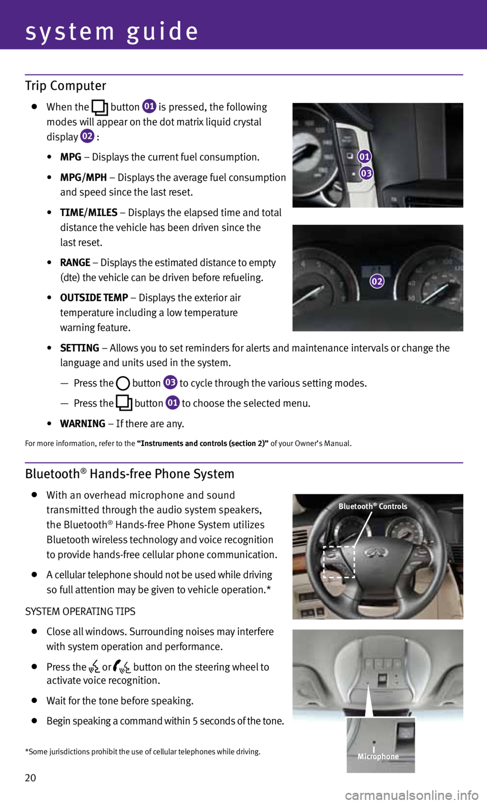 INFINITI M HYBRID 2013  Quick Reference Guide 20
system guide
Trip Computer
  when the
  button
 01  is pressed, the following 
    modes will appear on the dot matrix liquid crystal 
   display
 
02  : 
	 	 •	 MPG – displays the current fuel