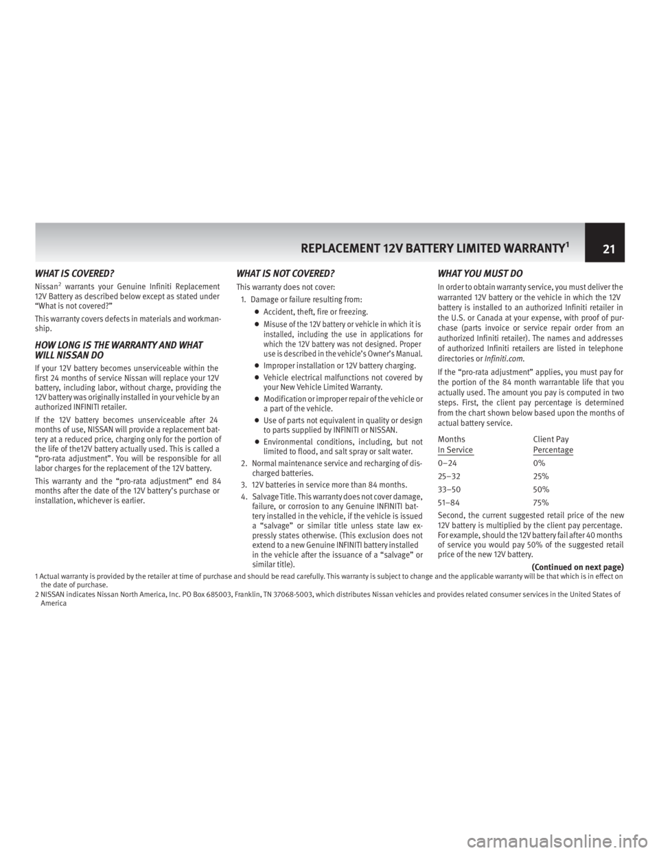 INFINITI M HYBRID 2013  Warranty Information Booklet WHAT IS COVERED?
Nissan2warrants your Genuine Infiniti Replacement
12V Battery as described below except as stated under
“What is not covered?”
This warranty covers defects in materials and workma