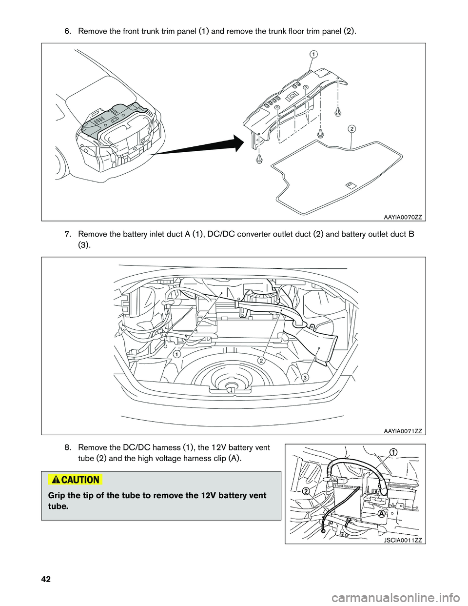 INFINITI M HYBRID 2013  Dismantling Guide 6. Remove the front trunk trim panel (1) and remove the trunk floor trim panel (2) .
7.
Remove the battery inlet duct A (1) , DC/DC converter outlet duct (2) and battery outlet duct B
(3) .
8. Remove 