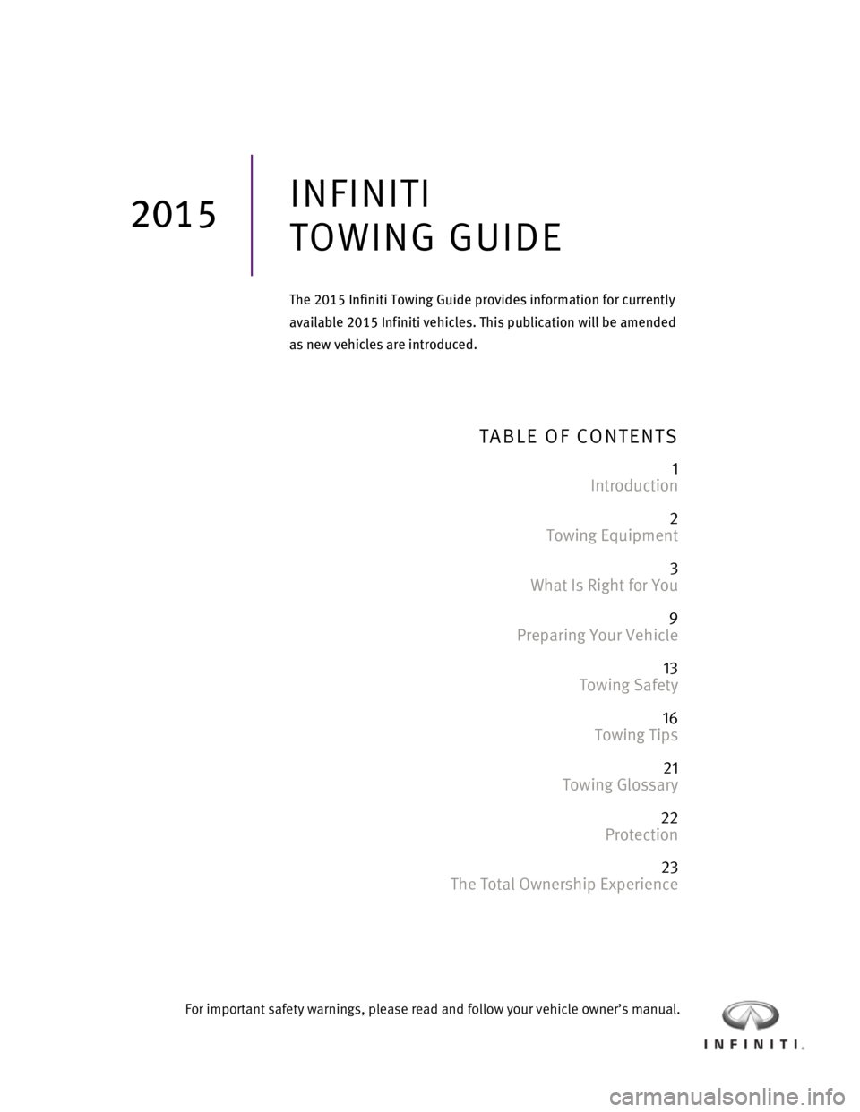 INFINITI QX60 2015  Towing Guide   
 
 
 
 
 
 
 
 
 
TABLE OF CONTENTS  
 
1 
Introduction 
 
2 
Towing Equipment 
 
3 
What Is Right for You 
 
9 
Preparing Your Vehicle 
 
13 
Towing Safety 
 
16 
Towing Tips 
 
21 
Towing Glossar