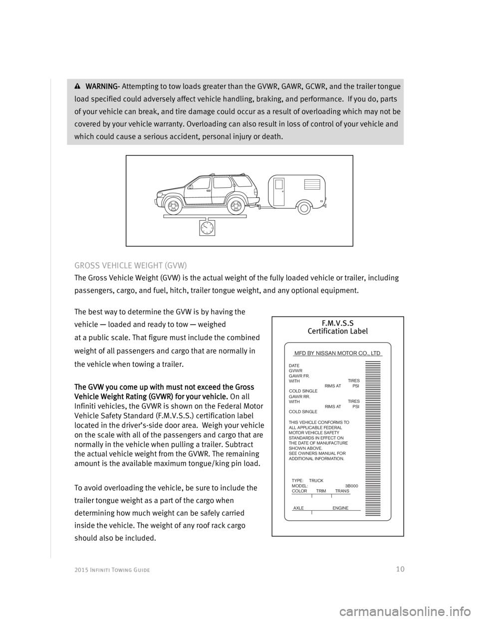INFINITI Q50 2015  Towing Guide  2015 Infiniti Towing Guide  
 
 
10
 WARNING- Attempting to tow loads greater than the GVWR, GAWR, GCWR, and the trailer tongue 
load specified could adversely affect vehicle handling, braking, and p