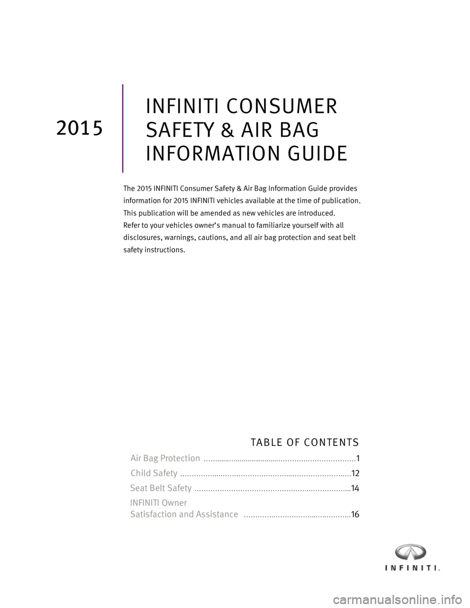 INFINITI Q50 HYBRID 2015  Consumer Safety And Air Bag Information Guide 2015 INFINITI  Consumer Safety &  Air Bag Information Guide                                            0 
 
 
 
 
 
 
 
 
 
 
 
 
 
 
 
 
 
 
 
 
 
 
 
 
 
 
 
 
 
 
 
 
INFINITI CONSUMER  
SAFETY & A