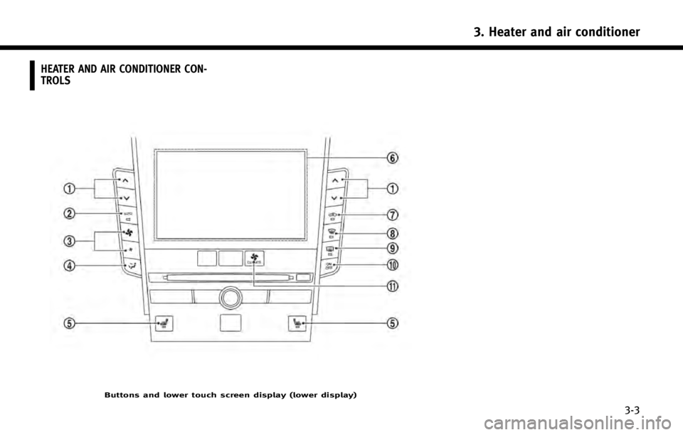 INFINITI Q50 HYBRID 2014  Infiniti Intouch HEATER AND AIR CONDITIONER CON-
TROLS
Buttons and lower touch screen display (lower display)
3. Heater and air conditioner
3-3 