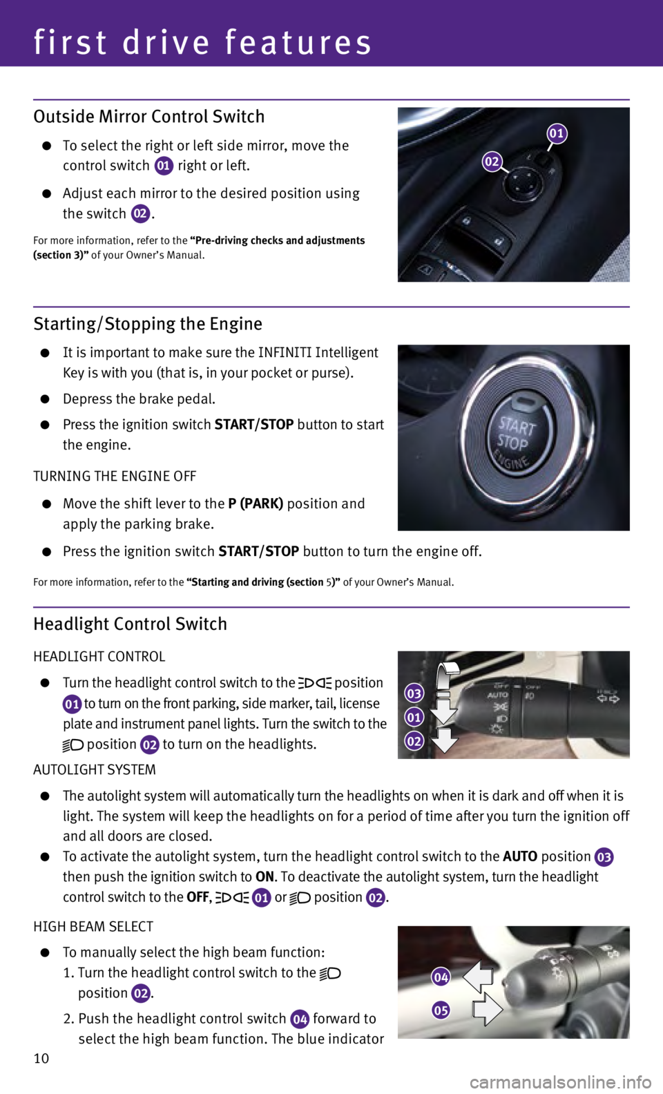 INFINITI Q50 2014  Quick Reference Guide 10
first drive features
Starting/Stopping the Engine
  It is important to make sure the INFINITI Intelligent  
 

 
Key is with you (that is, in your pocket or purse).
  Depress the brake pedal.
  Pre