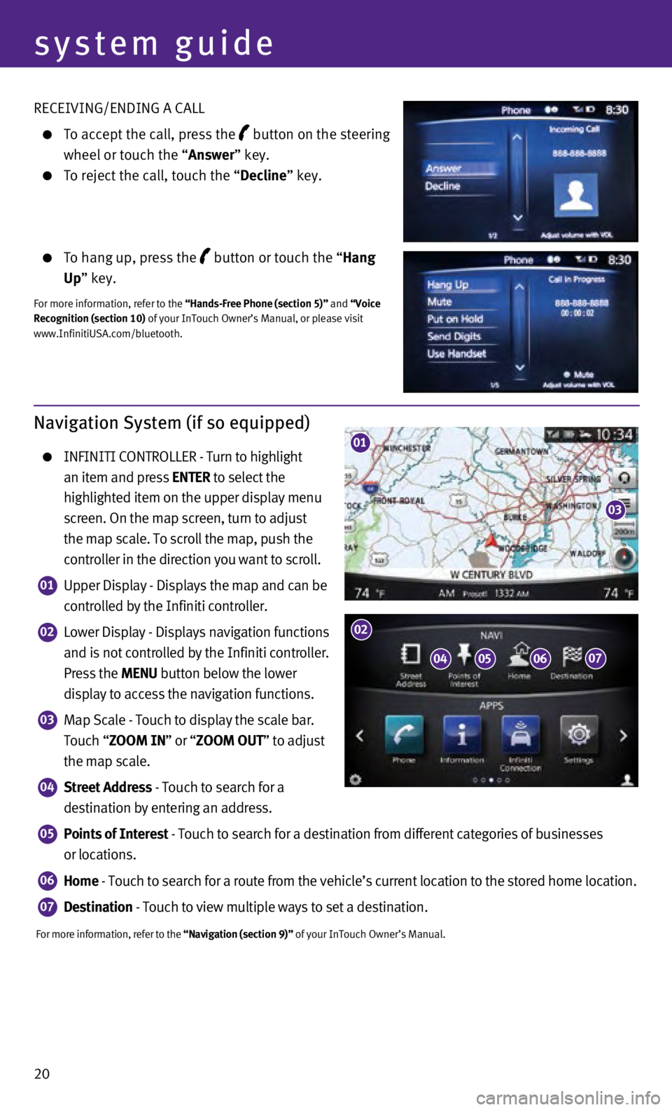 INFINITI Q50 2014 Quick Reference Guide 20 RECEIVING/ENDING A CALL
To accept the call, press the button on the steering
wheel or touch the “
Answer” key.
To reject the call, touch the “ Decline” key.
To hang u INFINITI Q50 2014 Quick Reference Guide 20 RECEIVING/ENDING A CALL
To accept the call, press the button on the steering
wheel or touch the “
Answer” key.
To reject the call, touch the “ Decline” key.
To hang u