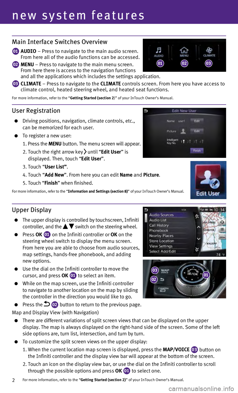 INFINITI Q50 2014 Quick Reference Guide 2
User Registration
Driving positions, navigation, climate controls, etc.,
can be memorized for each user.
To register a new user:
1
.
Press the MENU button. The menu screen will INFINITI Q50 2014 Quick Reference Guide 2
User Registration
Driving positions, navigation, climate controls, etc.,
can be memorized for each user.
To register a new user:
1
.
Press the MENU button. The menu screen will