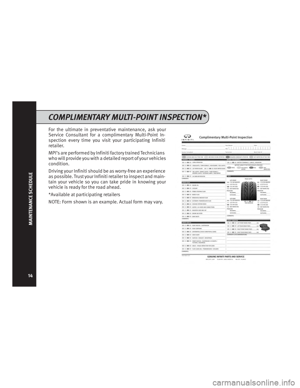 INFINITI QX50 2014  Service And Maintenance Guide For the ultimate in preventative maintenance, ask your
Service Consultant for a complimentary Multi-Point In-
spection every timeyou visit your participating Infiniti
retailer.
MPI’s are performed b