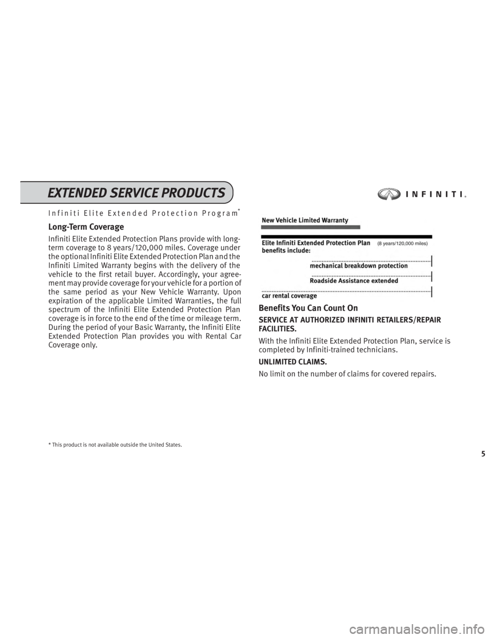 INFINITI Q70 2014  Service And Maintenance Guide Infiniti Elite Extended Protection Program*
Long-Term Coverage
Infiniti Elite Extended Protection Plans provide with long-
term coverage to 8 years/120,000 miles. Coverage under
the optional Infiniti 
