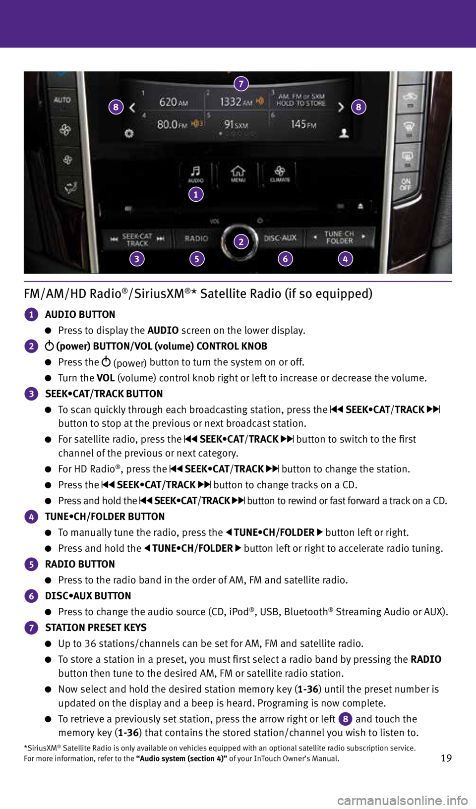 INFINITI Q50 2015 Quick Reference Guide 19
FM/AM/HD Radio®/SiriusXM®* Satellite Radio (if so equipped)
1 AUDIO BUTTON
Press to display the AUDIO screen on the lower display.
2 (power) BUTTON/VOL (volume) CONTROL KNOB
Press INFINITI Q50 2015 Quick Reference Guide 19
FM/AM/HD Radio®/SiriusXM®* Satellite Radio (if so equipped)
1 AUDIO BUTTON
Press to display the AUDIO screen on the lower display.
2 (power) BUTTON/VOL (volume) CONTROL KNOB
Press