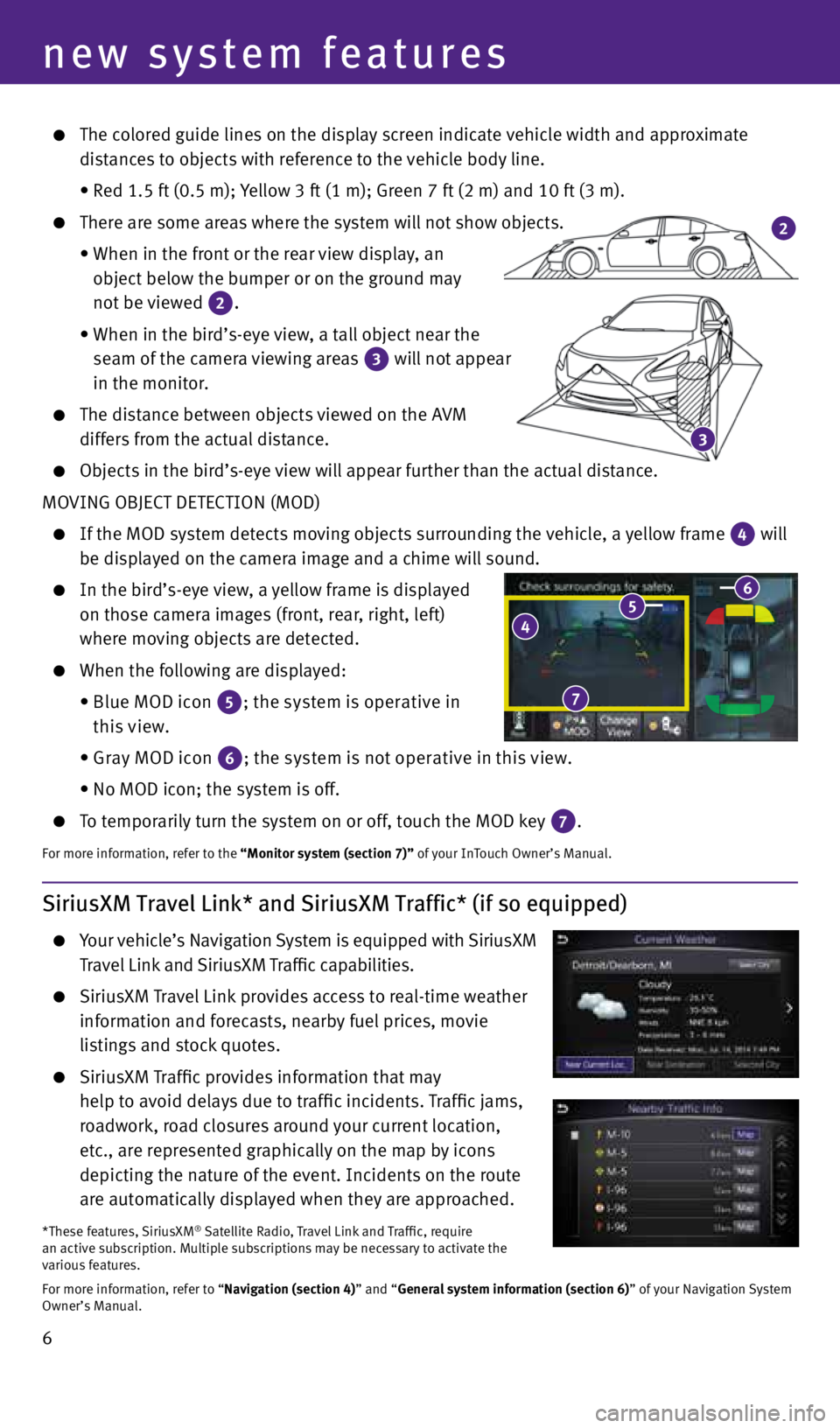 INFINITI Q50 2015  Quick Reference Guide 6
 3
 2
  The colored guide lines on the display screen indicate vehicle width and approximate  
    distances to objects with reference to the vehicle body line.
    • Red 1.5 ft (0.5 m); Yellow 3 