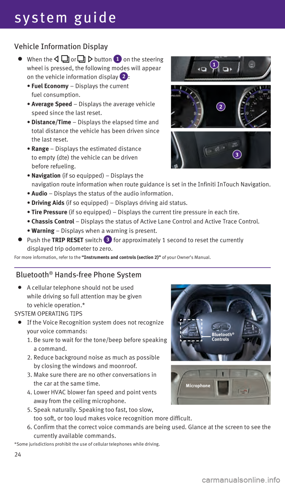 INFINITI Q50 2016  Quick Reference Guide 24
 Bluetooth® Hands-free Phone System
    A cellular telephone should not be used  
while driving so full attention may be given  
to vehicle operation.*
SYSTEM OPERATING TIPS
    If the Voice Recog
