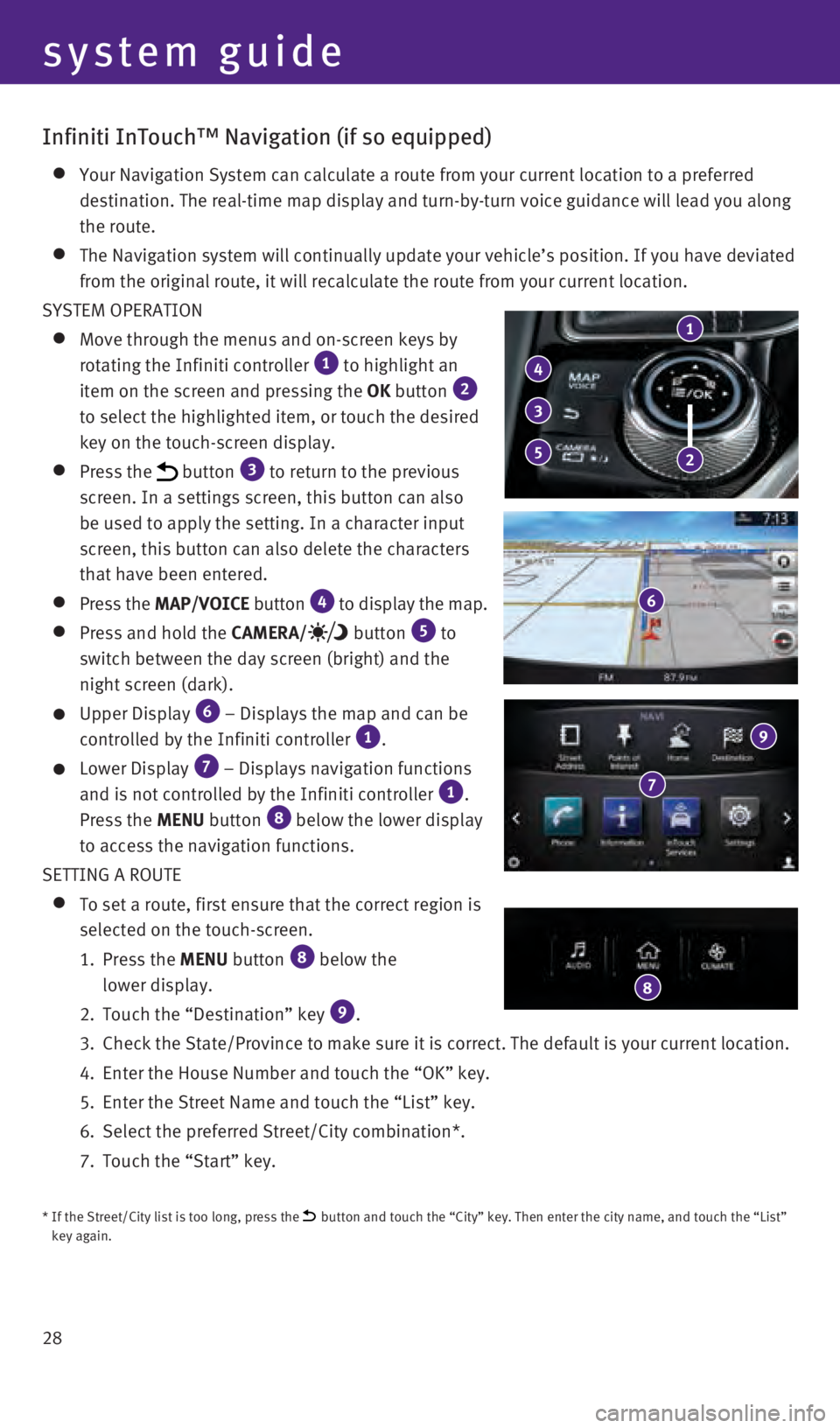 INFINITI Q50 2016  Quick Reference Guide 28
Infiniti InTouch™ Navigation (if so equipped)
    Your Navigation System can calculate a route from your current location \
to a preferred 
destination. The real-time map display and turn-by-turn