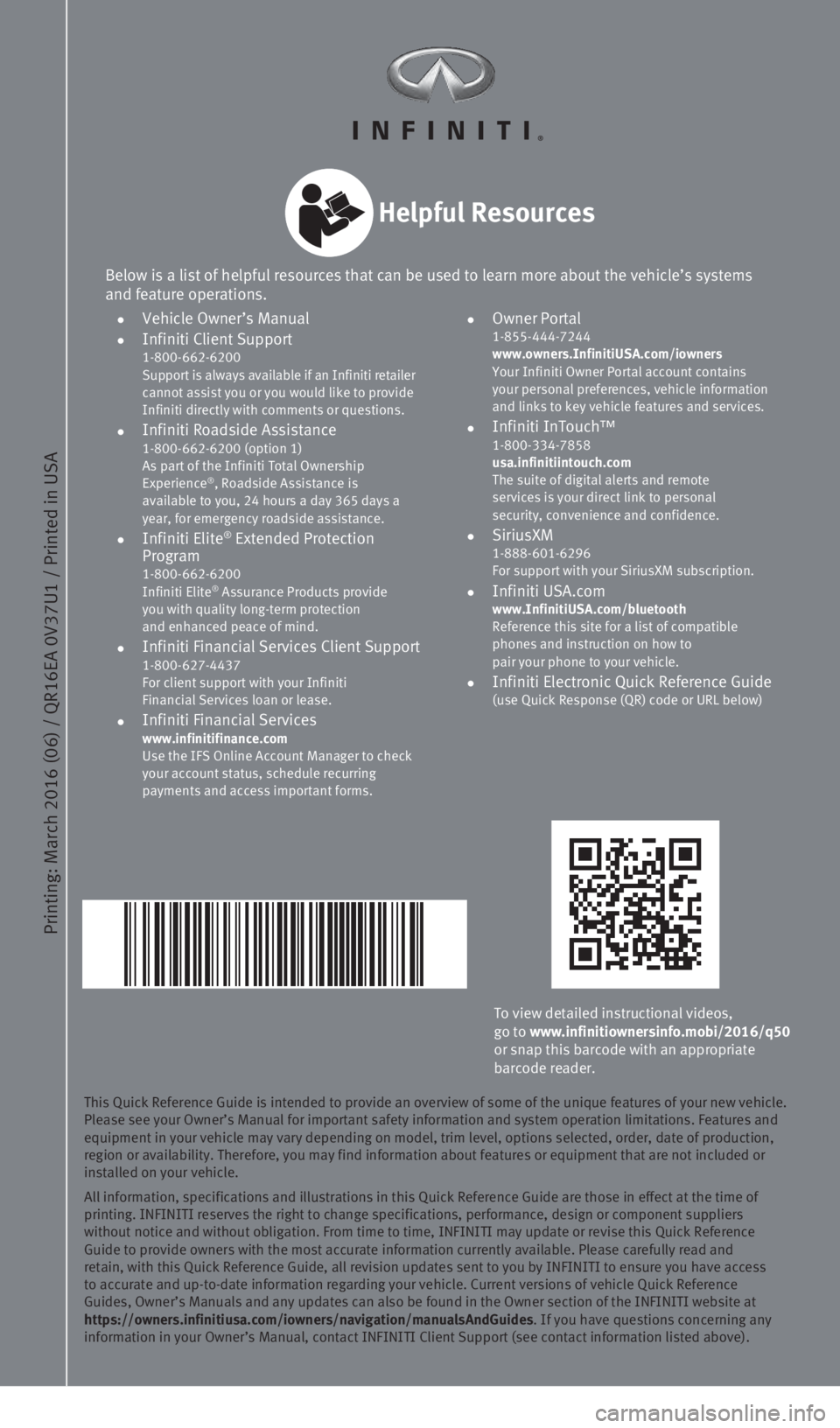 INFINITI Q50 2016  Quick Reference Guide This Quick Reference Guide is intended to provide an overview of some of\
 the unique features of your new vehicle. 
Please see your Owner’s Manual for important safety information and s\
ystem oper