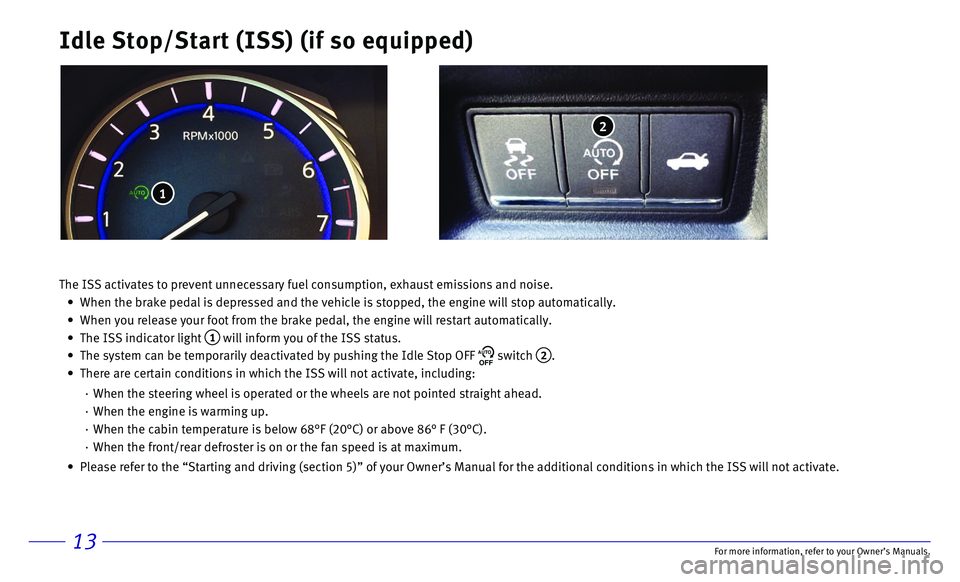 INFINITI Q50 2017  Quick Reference Guide 13
Idle Stop/Start (ISS) (if so equipped)
 2
The ISS activates to prevent unnecessary fuel consumption, exhaust emiss\
ions and noise. 
 •   When the brake pedal is depressed and the vehicle is stop