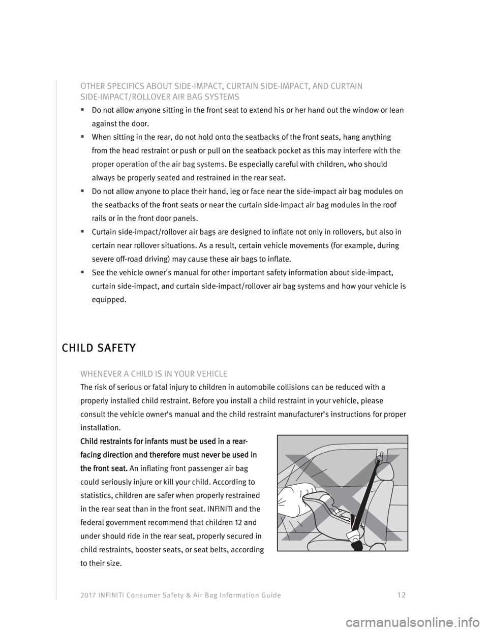 INFINITI QX50 2017  Consumer Safety And Air Bag Information Guide 2017 INFINITI Consumer Safety & Air Bag Information Guide                                         12 
OTHER SPECIFICS ABOUT SIDE-IMPACT, CURTAIN SIDE-IMPACT, AND CURTAIN  
SIDE-IMPACT/ROLLOVER AIR BAG