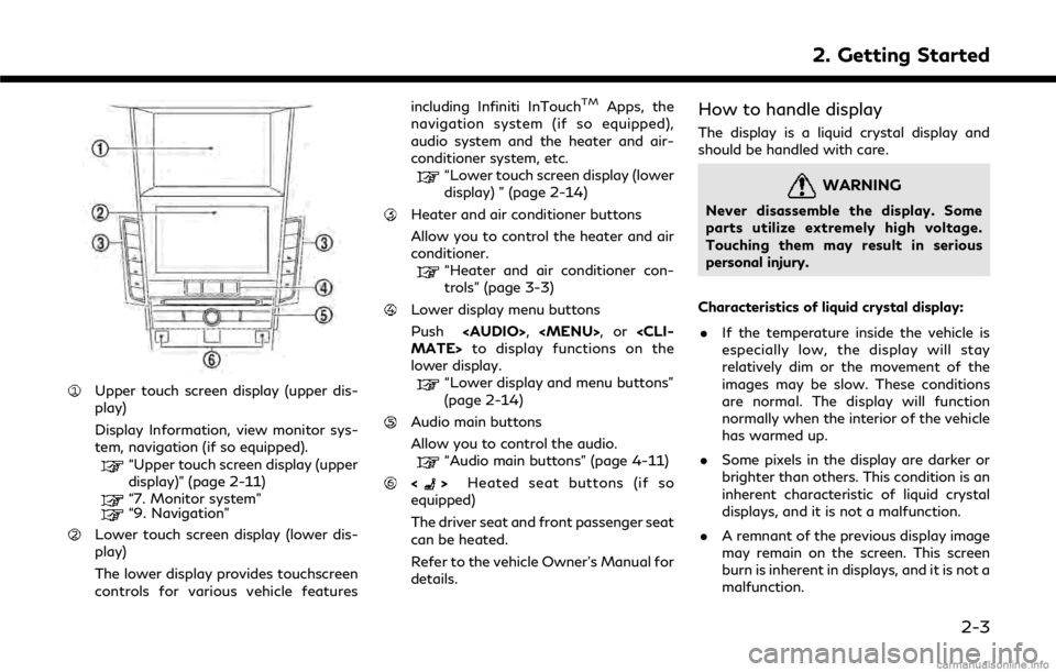 INFINITI Q50 2018  Infiniti Intouch Upper touch screen display (upper dis-
play)
Display Information, view monitor sys-
tem, navigation (if so equipped).
“Upper touch screen display (upper
display)” (page 2-11)
“7. Monitor system�