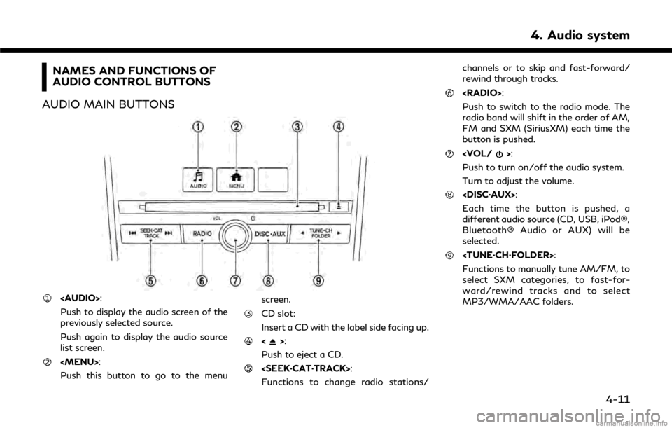 INFINITI Q50 2018  Infiniti Intouch NAMES AND FUNCTIONS OF
AUDIO CONTROL BUTTONS
AUDIO MAIN BUTTONS
<AUDIO>:
Push to display the audio screen of the
previously selected source.
Push again to display the audio source
list screen.
<MENU>: