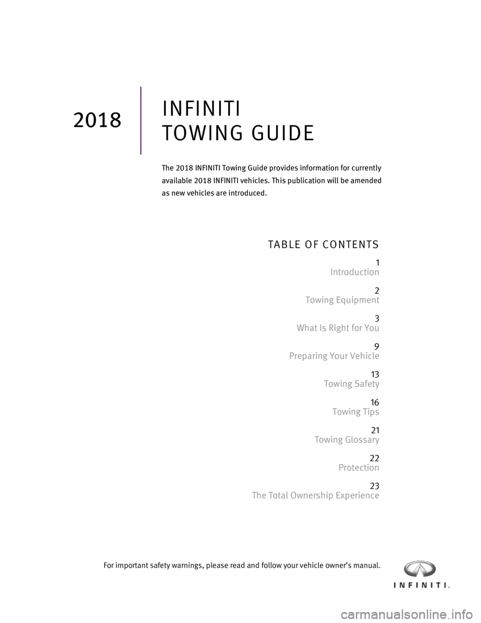 INFINITI QX60 2018  Towing Guide   
 
 
 
 
 
 
 
 
 
TABLE OF CONTENTS  
 
1 
Introduction 
 
2 
Towing Equipment 
 
3 
What Is Right for You 
 
9 
Preparing Your Vehicle 
 
13 
Towing Safety 
 
16 
Towing Tips 
 
21 
Towing Glossar