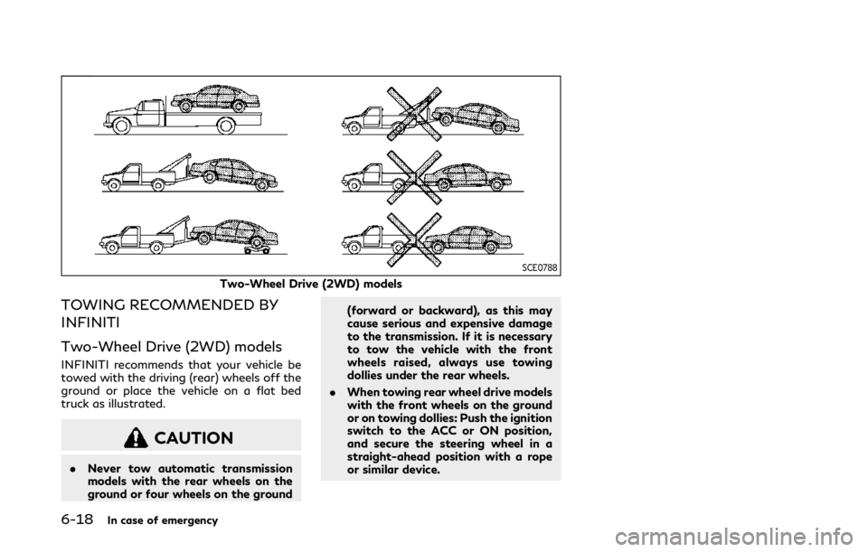INFINITI Q50 2019 Repair Manual 6-18In case of emergency
SCE0788
Two-Wheel Drive (2WD) models
TOWING RECOMMENDED BY
INFINITI
Two-Wheel Drive (2WD) models
INFINITI recommends that your vehicle be
towed with the driving (rear) wheels INFINITI Q50 2019 Repair Manual 6-18In case of emergency
SCE0788
Two-Wheel Drive (2WD) models
TOWING RECOMMENDED BY
INFINITI
Two-Wheel Drive (2WD) models
INFINITI recommends that your vehicle be
towed with the driving (rear) wheels