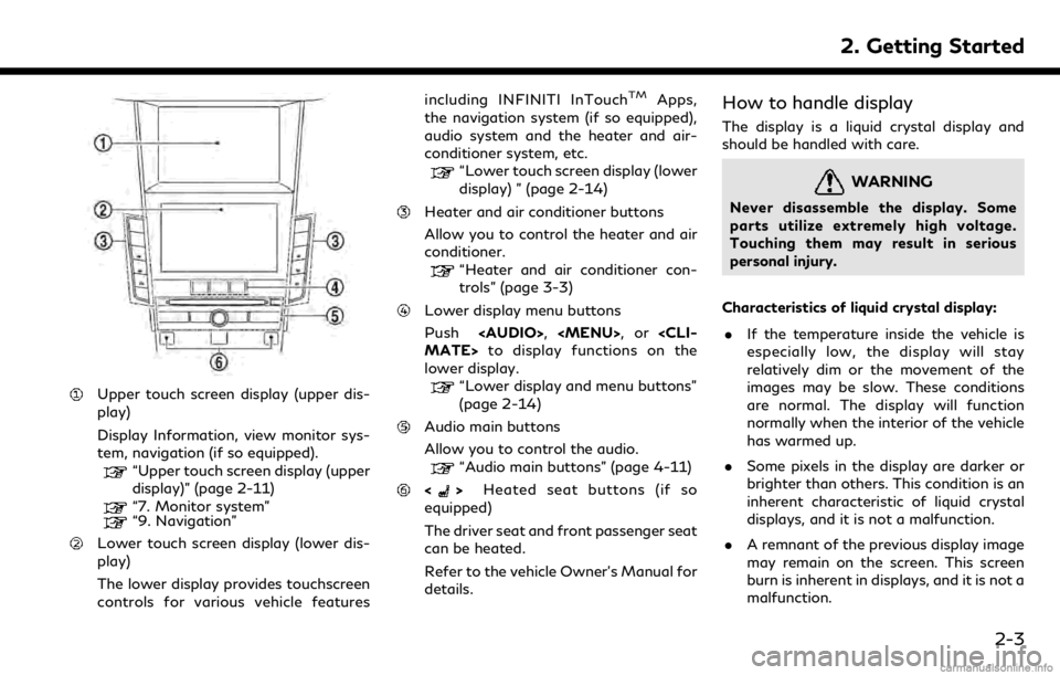 INFINITI QX50 2019 Navigation Manual Upper touch screen display (upper dis-
play)
Display Information, view monitor sys-
tem, navigation (if so equipped).
“Upper touch screen display (upper
display)” (page 2-11)
“7. Monitor system INFINITI QX50 2019 Navigation Manual Upper touch screen display (upper dis-
play)
Display Information, view monitor sys-
tem, navigation (if so equipped).
“Upper touch screen display (upper
display)” (page 2-11)
“7. Monitor system