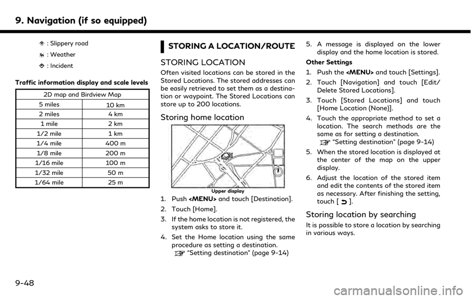 INFINITI QX50 2019 Navigation Manual 9. Navigation (if so equipped)
: Slippery road
: Weather
: Incident
Traffic information display and scale levels
2D map and Birdview Map
5 miles 10 km
2 miles 4 km
1 mile 2 km
1/2 mile 1 km
1/4 mile 4 INFINITI QX50 2019 Navigation Manual 9. Navigation (if so equipped)
: Slippery road
: Weather
: Incident
Traffic information display and scale levels
2D map and Birdview Map
5 miles 10 km
2 miles 4 km
1 mile 2 km
1/2 mile 1 km
1/4 mile 4