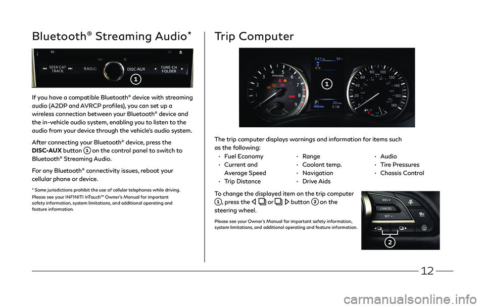 INFINITI Q50 2019  Quick Reference Guide 12
If you have a compatible Bluetooth® device with streaming 
audio (A2DP and AVRCP profiles), you can set up a 
wireless connection between your Bluetooth
® device and 
the in-vehicle audio system,