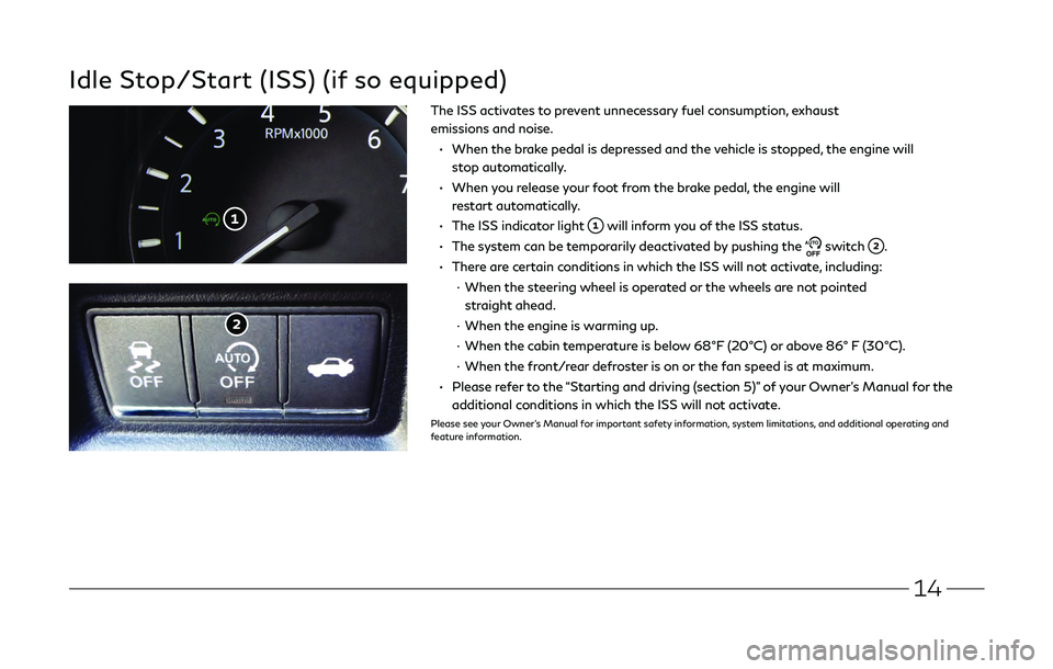 INFINITI Q50 2019  Quick Reference Guide 14
Idle Stop/Start (ISS) (if so equipped)
The ISS activates to prevent unnecessary fuel consumption, exhaust 
emissions and noise. 
 •   When the brake pedal is depr
essed and the vehicle is stopped