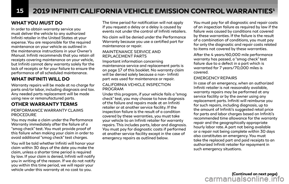 INFINITI QX50 2019  Warranty Information Booklet 15
WHAT YOU MUST DO
In order to obtain warranty service you 
must deliver the vehicle to any authorized 
Infiniti retailer in the United States at your 
expense. You are responsible for the required 
