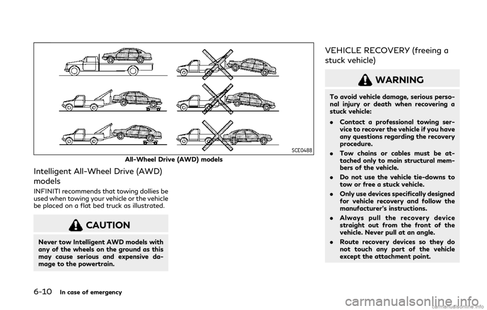 INFINITI Q50 2020 Owners Manual 6-10In case of emergency
SCE0488
All-Wheel Drive (AWD) models
Intelligent All-Wheel Drive (AWD)
models
INFINITI recommends that towing dollies be
used when towing your vehicle or the vehicle
be placed INFINITI Q50 2020 Owners Manual 6-10In case of emergency
SCE0488
All-Wheel Drive (AWD) models
Intelligent All-Wheel Drive (AWD)
models
INFINITI recommends that towing dollies be
used when towing your vehicle or the vehicle
be placed