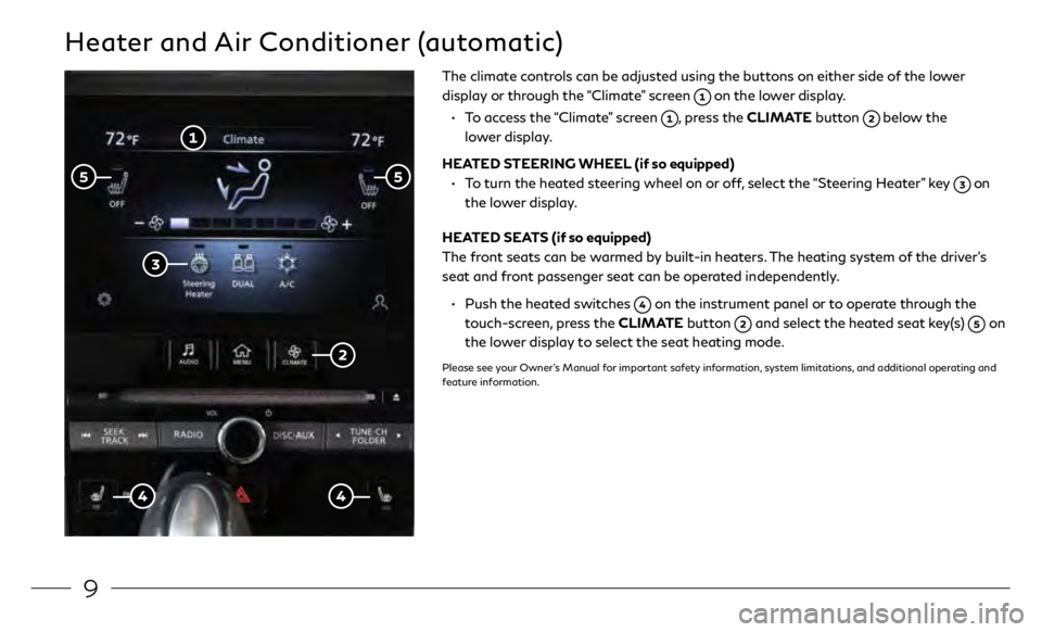 INFINITI Q50 2020  Quick Reference Guide 9
Heater and Air Conditioner (automatic)
The climate controls can be adjusted using the buttons on either side of the lower 
display or through the “Climate” screen 
 on the lower display.
 •

 