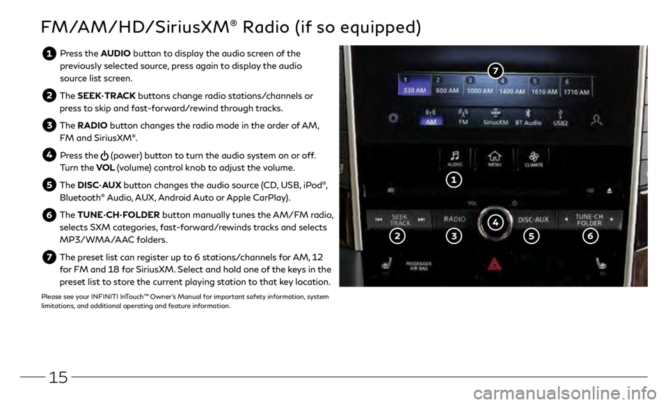 INFINITI Q50 2020  Quick Reference Guide 15
FM/AM/HD/SiriusXM® Radio (if so equipped)
  Press the AUDIO button to display the audio screen of the previously selected source, press again to display the audio 
source list screen.
  The  SEEK�