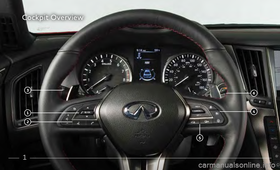 INFINITI Q50 2020 Quick Reference Guide 1
Cockpit Overview INFINITI Q50 2020 Quick Reference Guide 1
Cockpit Overview