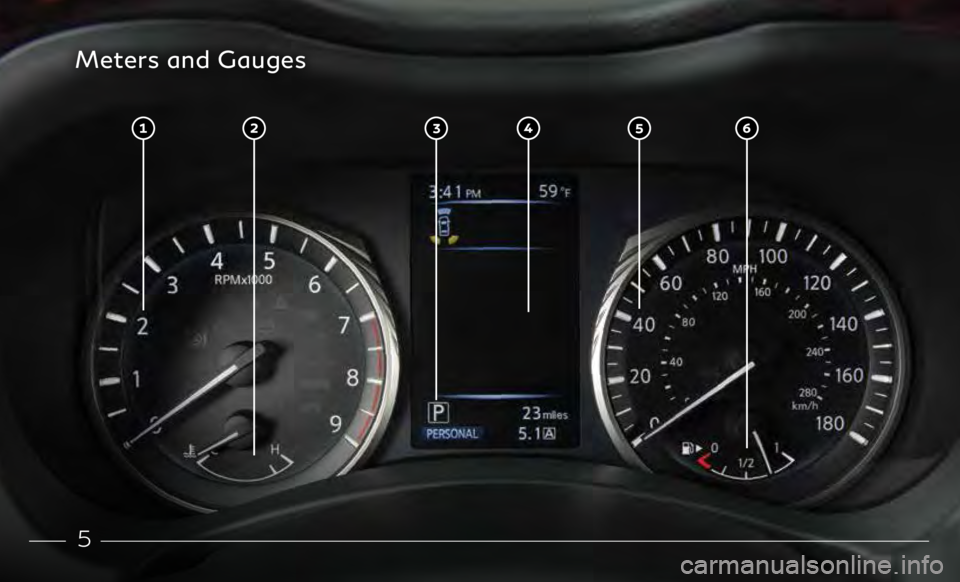 INFINITI Q50 2020 Quick Reference Guide 5
Meters and Gauges INFINITI Q50 2020 Quick Reference Guide 5
Meters and Gauges
