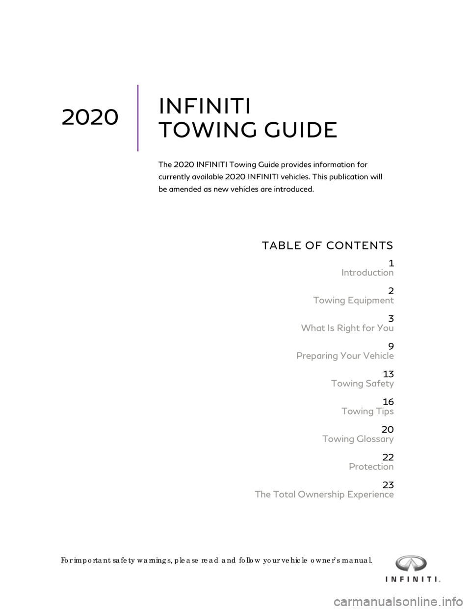 INFINITI Q60 COUPE 2020  Towing Guide   
 
 
 
 
 
 
 
 
 
TABLE OF CONTENTS  
 
1  
Introduction  
 
2 
Towing Equipment  
 
3 
What I s Right for You  
 
9 
Preparing Your V ehicle 
 
13  
Towing Safety  
 
16  
Towing Tips  
 
20  
Tow