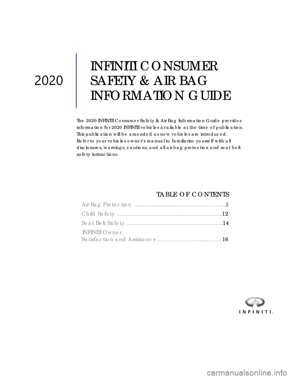 INFINITI QX50 2020  Consumer Safety And Air Bag Information Guide 2020 INFINITI Consumer Safety & Air Bag Information Guide                                                                             
 
 
 
 
 
 
 
 
 
 
 
 
 
 
 
 
 
 
 
 
INFINITI CONSUMER  
SAFET