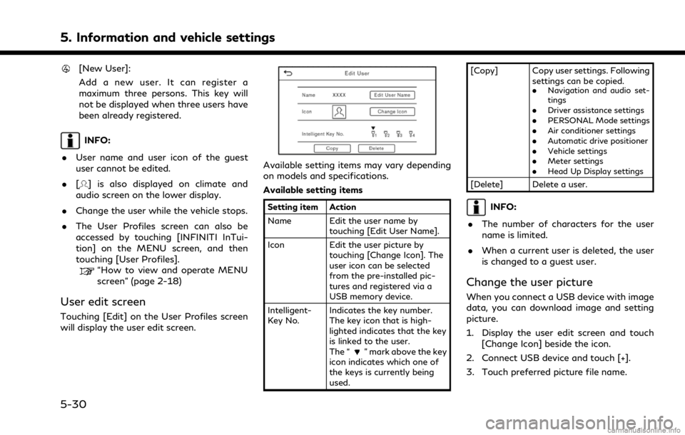 INFINITI Q50 2021  Infiniti Intouch 5. Information and vehicle settings
[New User]:
Add a new user. It can register a
maximum three persons. This key will
not be displayed when three users have
been already registered.
INFO:
. User name