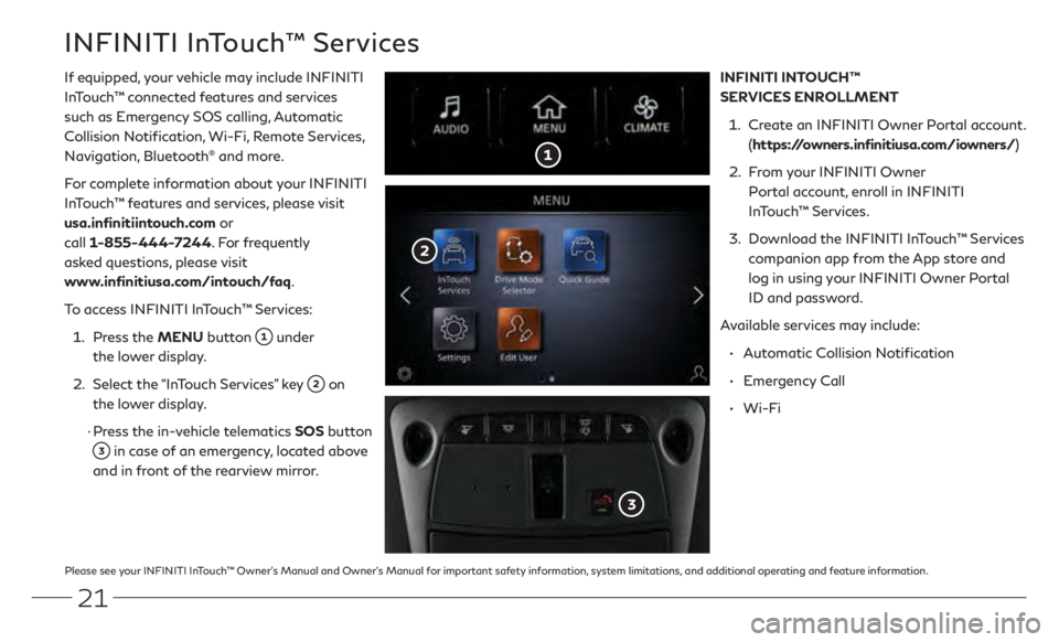 INFINITI Q50 2021  Quick Reference Guide 21
INFINITI InTouch™ Services
If equipped, your vehicle may include INFINITI 
InTouch™ connected features and services 
such as Emergency SOS calling, Automatic 
Collision Notification, Wi-Fi, Rem