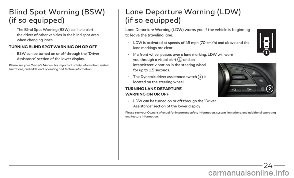 INFINITI Q50 2021  Quick Reference Guide 24
Blind Spot Warning (BSW)  
(if so equipped)
 •   The Blind Spo t Warning (BSW) can help alert 
the driver of other vehicles in the blind spot area 
when changing lanes. 
TURNING BLIND SPOT WARNIN