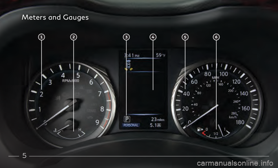 INFINITI Q50 2021 Quick Reference Guide 5
Meters and Gauges INFINITI Q50 2021 Quick Reference Guide 5
Meters and Gauges